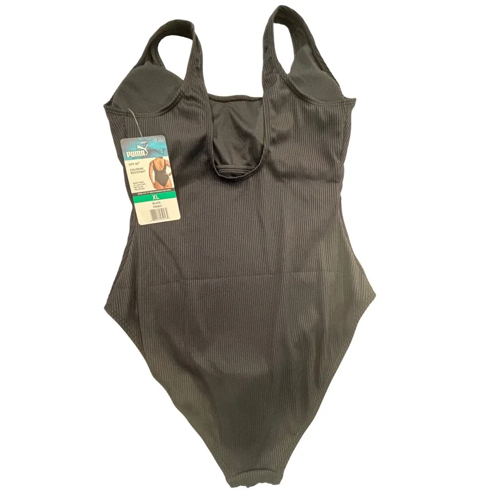 Puma XL One Piece Swimsuit Womens Black Ribbed UPF 50+ Chlorine Resistant
